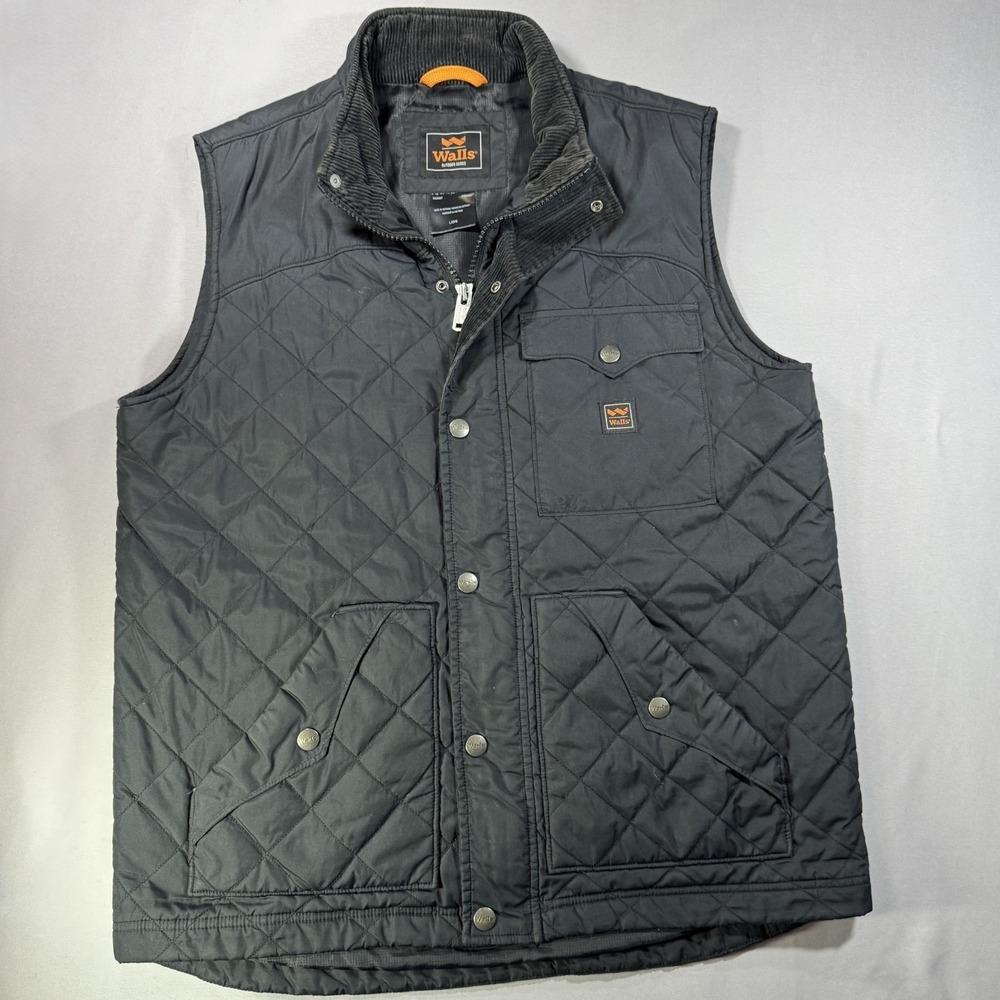Walls Outdoor Goods Mens Large Black Quilted Work Vest Corduroy Collar YE292BKS